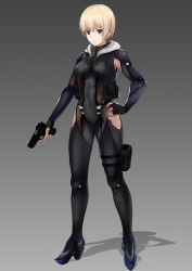 Rule 34 | 1girl, armpit cutout, bad id, bad pixiv id, black gloves, blonde hair, bodysuit, closed mouth, clothes writing, clothing cutout, covered navel, fingerless gloves, full body, gloves, gradient background, grey background, gun, hand on own hip, handgun, high heels, highres, holding, holding gun, holding weapon, holster, hood, hood down, hooded jacket, jacket, jilllxlxl, knee pads, legs apart, open clothes, open jacket, original, pocket, science fiction, shadow, short hair, side cutout, sig sauer, solo, standing, thigh holster, trigger discipline, unzipped, weapon