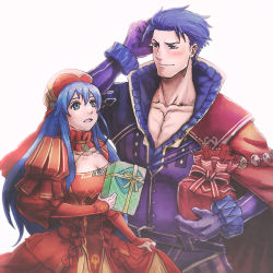 Rule 34 | 1boy, 1girl, asukan, blue eyes, blue hair, blush, cape, dress, father and daughter, fire emblem, fire emblem: the binding blade, fire emblem: the blazing blade, fire emblem heroes, gift, hat, hector (fire emblem), hector (valentine) (fire emblem), lilina (fire emblem), lilina (valentine) (fire emblem), long hair, nintendo, open mouth, short hair, simple background, smile, white background