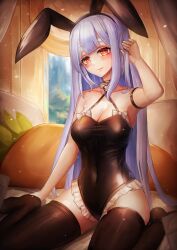 Rule 34 | 1girl, absurdres, alternate breast size, alternate costume, animal ears, arm strap, arm support, bare arms, bare shoulders, bedroom, black leotard, black thighhighs, blunt bangs, blush, breasts, carrot pillow, center-flap bangs, cleavage, closed mouth, covered navel, criss-cross halter, curtains, fake animal ears, falling leaves, food-themed pillow, hair tucking, halter leotard, halterneck, head tilt, highleg, highleg leotard, highres, hololive, indoors, leaf, leotard, long hair, looking at viewer, medium breasts, no shoes, orange eyes, playboy bunny, rabbit ears, seiza, sitting, skindentation, smile, solo, straight hair, taut leotard, thick eyebrows, thighhighs, usada pekora, very long hair, virtual youtuber, ziteng yue