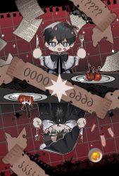 Rule 34 | 2boys, 999 mandu, ?, ??, bandaid, bandaid on cheek, bandaid on face, black bow, black hair, black shirt, blood, blood from mouth, bloody knife, bow, bright pupils, chibi, closed mouth, commentary request, eyeball, fork, grey eyes, grid background, hair between eyes, hands up, highres, holding, holding fork, holding knife, hood, hood up, kim dokja, knife, korean commentary, long sleeves, looking at viewer, male focus, multiple boys, omniscient reader&#039;s viewpoint, open mouth, paper, plate, red background, scar, scar on face, scar on hand, severed finger, shirt, short hair, smile, table, upper body, white pupils, white shirt, yoo joonghyuk