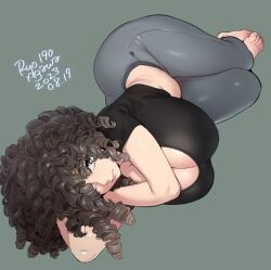 Rule 34 | 1girl, agawa ryou, breasts, curly hair, dated, large breasts, looking at viewer, lying, on side, pants, shirt, solo, stomach