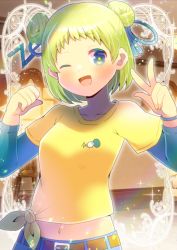 Rule 34 | 1girl, ;d, belt, belt buckle, blue eyes, breasts, brown belt, buckle, collarbone, commentary request, commission, copyright request, crop top, double bun, green hair, hair bun, hair ornament, hands up, kou hiyoyo, layered sleeves, long sleeves, looking at viewer, midriff, navel, one eye closed, open mouth, shirt, short hair, short over long sleeves, short sleeves, skeb commission, small breasts, smile, solo, tied shirt, virtual youtuber, w, yellow shirt