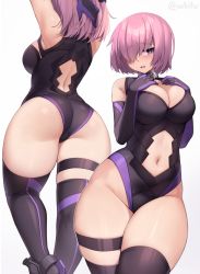 Rule 34 | 1girl, :d, armpits, arms behind head, arms up, artist name, ass, back cutout, black gloves, black leotard, black thighhighs, blush, breasts, cleavage cutout, clothing cutout, elbow gloves, fate/grand order, fate (series), from behind, gloves, hair over one eye, hands on own chest, highleg, highleg leotard, highres, iwbitu, large breasts, leotard, looking at viewer, mash kyrielight, multiple views, navel, open mouth, pink hair, purple eyes, purple gloves, purple leotard, short hair, simple background, smile, stomach cutout, thick thighs, thigh strap, thighhighs, thighs, twitter username, two-tone gloves, two-tone leotard, white background