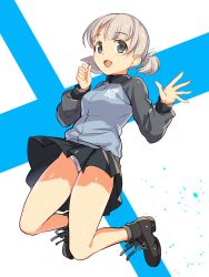 Rule 34 | 10s, 1girl, aki (girls und panzer), ankle boots, blue footwear, blue jacket, blue skirt, boots, commentary request, emblem, finnish flag, full body, girls und panzer, green eyes, grey panties, grey socks, hair tie, highres, icomochi, jacket, jumping, keizoku military uniform, light brown hair, long sleeves, looking at viewer, military, military uniform, miniskirt, open mouth, panties, pantyshot, pleated skirt, raglan sleeves, short hair, short twintails, skirt, smile, socks, solo, track jacket, twintails, underwear, uniform