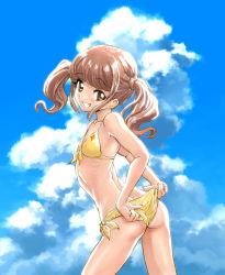Rule 34 | 1girl, adjusting clothes, adjusting swimsuit, ass, bikini, blue sky, blunt bangs, breasts, brown eyes, brown hair, cloud, cloudy sky, commentary request, cowboy shot, day, from side, front-tie bikini top, front-tie top, grin, healin&#039; good precure, highres, hiramitsu hinata, looking at viewer, medium hair, outdoors, partial commentary, precure, ribs, side-tie bikini bottom, sky, small breasts, smile, solo, standing, swimsuit, twintails, unno hotaru