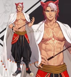 Rule 34 | 1boy, abs, animal ears, artist name, bara, belt, blue eyes, coat, extra ears, jouvru, male focus, muscular, muscular male, navel, nipples, original, pants, pectorals, pointy ears, red hair, scar, scar on arm, shoes, smile, solo, stick, tattoo, topless male