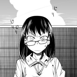 Rule 34 | 1girl, :|, closed mouth, collarbone, collared shirt, commentary request, crooked eyewear, glasses, grey-framed eyewear, greyscale, hair ornament, hairclip, hatching (texture), hirama hirokazu, linear hatching, long hair, looking at viewer, looking over eyewear, medium hair, monochrome, original, outdoors, partial commentary, rectangular eyewear, shirt, single stripe, sky, slit pupils, solo, sound effects, spot color, staring, straight-on, striped, sweat, upper body, v-neck, vest, wispy bangs, wooden wall, yellow eyes