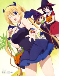 Rule 34 | 3girls, absurdres, bare legs, basket, black cape, black hair, black hat, black shirt, blend s, blonde hair, blue eyes, blue skirt, blue wristband, blunt bangs, blush, bow, breasts, candy, cape, cleavage, demon horns, demon tail, demon wings, dress, fake horns, fake tail, fake wings, food, gradient background, halloween costume, halterneck, hat, hat bow, highres, hinata kaho, holding, holding basket, holding candy, holding food, holding lollipop, horns, hoshikawa mafuyu, indoors, jack-o&#039;-lantern, kimiya ryousuke, large breasts, layered dress, layered skirt, light brown hair, lollipop, long hair, looking at viewer, megami deluxe, multiple girls, official art, one eye closed, open mouth, outstretched hand, plant, potted plant, print headwear, puffy short sleeves, puffy sleeves, purple eyes, purple hat, red bow, red dress, sakuranomiya maika, shirt, short dress, short sleeves, skindentation, skirt, smile, standing, tail, teeth, twintails, wings, witch hat, wristband