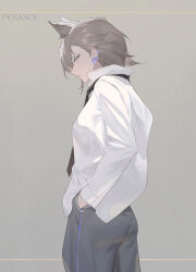 Rule 34 | 1girl, alternate costume, animal ears, arknights, black necktie, brown hair, cowboy shot, earrings, extra ears, flower earrings, from side, gradient background, grey background, grey eyes, grey pants, hand in pocket, highres, jewelry, live (mfwa7572), long sleeves, looking at viewer, looking to the side, necktie, no tail, original, pants, parted lips, penance (arknights), profile, shirt, short hair, solo, track pants, white shirt, wolf ears, yellow eyes