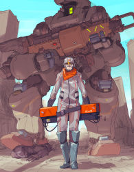 Rule 34 | 2boys, ankle boots, armor, armored boots, black eyes, blonde hair, blue sky, boots, box, clear sky, closed mouth, commentary request, day, full body, goggles, gun, helmet, highres, holding, holding gun, holding weapon, knee pads, looking at viewer, male focus, mecha, mizuno shinya, multiple boys, original, pilot, pilot helmet, pilot suit, robot, sky, smile, solo focus, walking, weapon