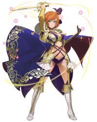 Rule 34 | 1girl, boots, breasts, cleavage, floral print, flower, full body, green eyes, hair flower, hair ornament, highres, long sleeves, looking at viewer, matador, medium breasts, orange hair, rapier, rose print, short hair, smile, solo, sparkle, sword, thorn print, transparent background, weapon