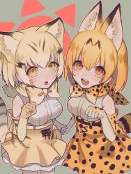 Rule 34 | 10s, 2girls, :d, :o, absurdres, animal ears, bare shoulders, blonde hair, blouse, bow, bowtie, breasts, cat ears, cat girl, cat tail, cowboy shot, cross-laced clothes, elbow gloves, eyelashes, fang, frilled skirt, frills, gloves, grey background, hair between eyes, highres, holding hands, kemono friends, kirudai, lace, looking at viewer, looking up, medium breasts, multicolored hair, multiple girls, open mouth, orange eyes, orange hair, paw pose, pocket, sand cat (kemono friends), sanpaku, serval (kemono friends), serval print, serval tail, shirt, short hair, sidelocks, skirt, sleeveless, sleeveless shirt, smile, striped tail, tail, tareme, teeth, white shirt, yellow eyes