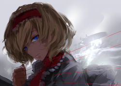 Rule 34 | 1girl, alice margatroid, blonde hair, blue eyes, capelet, chiruru96, colorized, dark, hairband, looking at viewer, necktie, portrait, puppet strings, ribbon, short hair, simple background, sketch, solo, string, touhou