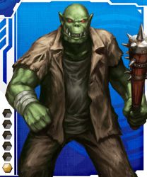 Rule 34 | 1boy, card (medium), colored skin, gradient background, green skin, lilith-soft, male focus, orc, pointy ears, red eyes, solo, taimanin (series), taimanin asagi battle arena all card gallery, taimanin asagi kessen arena, weapon