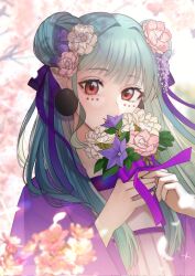 Rule 34 | 1600pommsky, 1girl, aqua hair, bellflower, bouquet, cherry blossoms, chinese bellflower, chinese clothes, choppy bangs, covered mouth, double bun, dress, earrings, facial mark, flower, hair bun, hair flower, hair ornament, hair ribbon, hanfu, highres, holding, holding bouquet, jacket, jewelry, long hair, looking at viewer, mochi (1600pommsky), orange eyes, original, pink flower, pointy ears, purple flower, purple jacket, purple ribbon, qixiong ruqun, ribbon, smile, solo, tree, upper body, white dress, white flower, wisteria