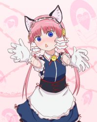 Rule 34 | 10s, 1girl, android, animal ears, apron, artist name, blue eyes, blunt bangs, blush, cat ears, chestnut mouth, clarion, cowboy shot, cyborg, doll joints, artistic error, gloves, head tilt, joints, koukaku no pandora, lolita climber, looking at viewer, maid, maid apron, maid headdress, pink hair, puffy short sleeves, puffy sleeves, reaching, reaching towards viewer, short hair with long locks, short sleeves, solo, triangle mouth, twintails, white gloves, youjo climber