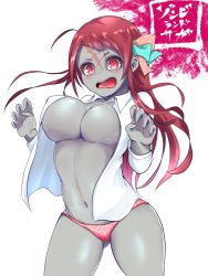 Rule 34 | 10s, 1girl, bad id, bad pixiv id, breasts, claw pose, cleavage, colored skin, commentary, cowboy shot, dress shirt, gluteal fold, grey skin, hair ribbon, highres, large breasts, long hair, looking at viewer, minamoto sakura, navel, no bra, open clothes, open mouth, open shirt, panties, polka dot, polka dot panties, red eyes, red hair, ribbon, scar, scar on face, scar on forehead, shirt, simple background, solo, standing, tatsunoko 777, underwear, wavy mouth, white background, white shirt, zombie, zombie land saga