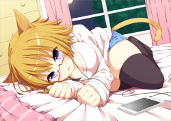 Rule 34 | 1girl, animal ears, bed, black thighhighs, blue eyes, blush, breasts, cat ears, cat girl, cat tail, earbuds, earphones, extra ears, female focus, highres, large breasts, looking at viewer, lying, moon, night, on side, open mouth, original, papino, phone, short hair, sky, solo, star (sky), starry sky, tail, thighhighs, window