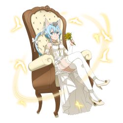 Rule 34 | 1girl, animal ears, blue eyes, blue hair, bouquet, bow, breasts, bridal veil, cat ears, cat tail, chair, collarbone, crossed legs, dress, flower, full body, hair bow, hair ribbon, high heels, highres, holding, holding bouquet, looking at viewer, medium breasts, official art, ribbon, short dress, short hair with long locks, sidelocks, sinon, sinon (sao-alo), sitting, sleeveless, sleeveless dress, smile, solo, sword art online, tail, tail bow, tail ornament, thighhighs, transparent background, veil, white bow, white dress, white ribbon, white thighhighs, yellow flower