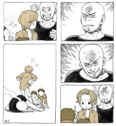 Rule 34 | 1girl, 3boys, anger vein, artist name, bald, comic, facial hair, family, father and son, head bump, husband and wife, ina (gonsora), monochrome, mother and son, multiple boys, original, silent comic, stubble