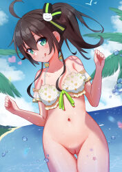 Rule 34 | 1girl, :q, absurdres, ahoge, beach, bikini, bikini top only, bird, blush, bottomless, bra, breasts, brown hair, cat hair ornament, cleft of venus, closed mouth, cloud, detached sleeves, frilled bikini, frilled bra, frills, gluteal fold, green eyes, green ribbon, hair between eyes, hair ornament, hair ribbon, heart, highres, hololive, lens flare, looking at viewer, natsuiro matsuri, navel, ocean, ontake2009, outdoors, palm tree, patterned, patterned clothing, pussy, ribbon, ribbon-trimmed bikini, ribbon-trimmed bra, ribbon trim, seagull, side ponytail, small breasts, smile, solo, star (symbol), star tattoo, swimsuit, tattoo, tongue, tongue out, tree, underwear, virtual youtuber, water drop, wet, white bra, white swimsuit