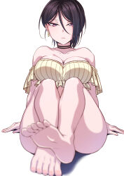 Rule 34 | 1girl, arms at sides, bang dream!, bare shoulders, barefoot, bikini, black choker, black hair, blurry, blurry foreground, breasts, choker, cleavage, collarbone, commentary request, convenient leg, depth of field, earrings, fingernails, foot up, frilled bikini, frills, full body, hair between eyes, highres, jewelry, kitayu, knees up, large breasts, long bangs, looking at viewer, off-shoulder bikini, off shoulder, parted lips, pink eyes, shadow, short hair, simple background, sitting, soles, solo, striped bikini, striped clothes, swimsuit, toenails, toes, vertical-striped bikini, vertical-striped clothes, white background, yashio rui, yellow bikini