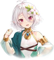 Rule 34 | 1girl, :d, absurdres, antenna hair, asymmetrical clothes, blush, bridal gauntlets, clenched hand, collarbone, cropped torso, elf, flower, hair between eyes, hair flower, hair ornament, head tilt, highres, kokkoro (princess connect!), leaf, looking at viewer, musyne xsk, open mouth, pointy ears, princess connect!, red eyes, see-through, short hair, silver hair, simple background, single bare shoulder, smile, solo, two-tone dress, upper body, white background, white flower