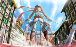 Rule 34 | 1girl, 6+boys, ass, black hair, blood, boots, broken, clothed female nude male, cloud, from behind, from below, highres, house, mikasa ackerman, multiple boys, nude, outdoors, scarf, shingeki no kyojin, short hair, sky, solo focus, standing, sword, three-dimensional maneuver gear, titan (shingeki no kyojin), wall, weapon