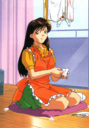 Rule 34 | 1990s (style), 1girl, apron, brown eyes, brown hair, cup, day, highres, holding, holding cup, indoors, kurihara mari, long hair, looking at viewer, non-web source, official art, retro artstyle, saucer, scan, short sleeves, sitting, smile, solo, spoon, super real mahjong, tanaka ryou, teacup, wooden floor, yokozuwari