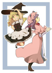 Rule 34 | 2girls, bad id, bad pixiv id, blonde hair, book, boots, cloak, female focus, framed, full body, grin, hand on headwear, hat, high heels, jumping, kirisame marisa, multiple girls, outside border, patchouli knowledge, profile, purple hair, shoes, smile, touhou, witch hat, yachi yowa