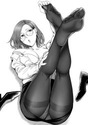 Rule 34 | 1girl, absurdres, blush, bra, feet, foot focus, foreshortening, glasses, greyscale, highres, kneepits, legs up, lying, medium hair, miniskirt, monochrome, office lady, on back, open clothes, open mouth, open shirt, panties, panties under pantyhose, pantyhose, pantyshot, round eyewear, shoes, unworn shoes, skirt, soles, solo, toes, underwear, white background