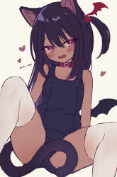 Rule 34 | 1girl, animal collar, animal ears, bat wings, black hair, blush, breasts, cat ears, cat girl, cat tail, collar, dark-skinned female, dark skin, hair between eyes, highres, long hair, one-piece swimsuit, open mouth, original, pink eyes, red collar, school swimsuit, sese nagi, sketch, small breasts, solo, swimsuit, tail, thighhighs, twitter username, unfinished, white thighhighs, wings