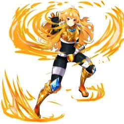 Rule 34 | 1girl, absurdres, ahoge, armor, aura, avaloki, black bodysuit, black legwear, blonde hair, bodysuit, breasts, commentary, commission, english commentary, fire, full body, gloves, gold, gold armor, highres, large breasts, long hair, orange scarf, red eyes, mega man (series), mega man zx, rwby, scarf, smile, solo, solo focus, wavy hair, white background, yang xiao long