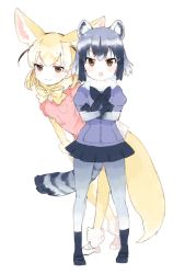 Rule 34 | &gt;:o, 10s, 2girls, :3, :o, animal ears, blush, bow, bowtie, common raccoon (kemono friends), crossed arms, fennec (kemono friends), fox ears, fox tail, jpeg artifacts, kemono friends, multiple girls, nakayama miyuki, pantyhose, raccoon ears, raccoon tail, shoes, simple background, socks, tail, v-shaped eyebrows, white background