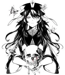Rule 34 | 1girl, blood, blood on face, bug, butterfly, closed mouth, cropped torso, flower, flower-shaped pupils, genshin impact, greyscale, hair between eyes, hat, hat flower, holding, holding skull, hu tao (genshin impact), insect, lebruitestmoi, long hair, monochrome, nail polish, plum blossoms, sidelocks, simple background, skull, solo, spot color, symbol-shaped pupils, tassel, upper body