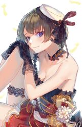 Rule 34 | 1girl, bad id, bad pixiv id, black gloves, blue eyes, breasts, brown hair, choker, cleavage, collarbone, feather hair ornament, feathers, floral print, flower, gloves, hair ornament, hands on own knees, hat, highres, idolmaster, idolmaster cinderella girls, idolmaster cinderella girls starlight stage, layered skirt, miniskirt, mole, mole under eye, red skirt, roki (0214278), short hair, sideboob, simple background, skirt, small breasts, smile, solo, strapless, takagaki kaede, thigh strap, white background, white flower, white hat