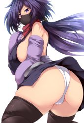 Rule 34 | 1girl, ass, ayame (gundam build divers), bare shoulders, black thighhighs, breasts, cameltoe, cleft of venus, covered mouth, curvy, fingerless gloves, floating hair, from behind, gloves, gundam, gundam build divers, hair between eyes, hand on own chest, hand up, highres, japanese clothes, kimono, large breasts, long hair, looking at viewer, looking back, low ponytail, mask, mouth mask, ninja, ninja mask, panties, partially visible vulva, purple eyes, purple gloves, purple hair, red scarf, scarf, sideboob, simple background, sleeveless, sleeveless kimono, solo, thick thighs, thighhighs, thighs, tsukasawa takamatsu, underwear, white background, white panties
