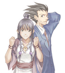 Rule 34 | 1boy, 1girl, ace attorney, bead necklace, beads, black hair, blush, bracelet, brown eyes, buttons, capcom, clenched hands, collarbone, collared shirt, formal, green eyes, half updo, japanese clothes, jewelry, kafu (logaemon), long sleeves, looking at viewer, magatama, maya fey, necklace, parted lips, phoenix wright, sash, scratching head, shirt, smile, suit, sweatdrop, upper body, white background