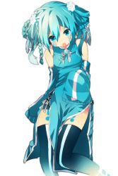Rule 34 | 1girl, adapted costume, aqua eyes, aqua hair, black thighhighs, braid, china dress, chinese clothes, detached sleeves, dress, ene (kagerou project), hair between eyes, highres, kagerou project, leeves past wrists, long hair, nanase09rr, pelvic curtain, simple background, solo, thighhighs, v-shaped eyebrows, white background