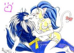 Rule 34 | 1boy, 1girl, animal ears, animal hands, blue hair, bow, capcom, couple, felicia (darkstalkers), jon talbain, hetero, lowres, tail, darkstalkers, werewolf