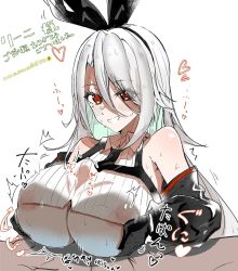 Rule 34 | 1boy, 1girl, ^^^, areola slip, azur lane, bare shoulders, black bow, black gloves, black hairband, blue hair, bow, breasts, colored inner hair, commission, e sky rugo, gloves, grey hair, grin, hair between eyes, hair bow, hairband, heart, hetero, huge breasts, long hair, mole, mole under eye, multicolored hair, paizuri, paizuri under clothes, penis under another&#039;s clothes, prinz heinrich (azur lane), red eyes, simple background, skeb commission, smile, translation request, underboob, white background