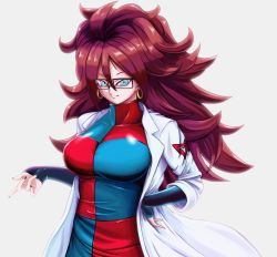Rule 34 | 1girl, ahoge, android 21, black-framed eyewear, black nails, blue eyes, breasts, brown hair, closed mouth, coat, commentary request, dragon ball, dragon ball fighterz, earrings, glasses, happy, hoop earrings, jewelry, konpeki, lab coat, large breasts, long hair, long sleeves, nail polish, open clothes, open coat, red ribbon army, simple background, smile, solo, white background, white coat