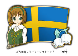 Rule 34 | 1girl, brown hair, copyright request, flag, green eyes, hairband, murakami senami, sweden, swedish flag, translation request
