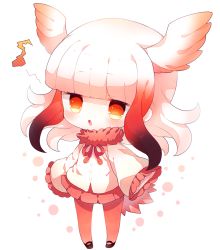 Rule 34 | 10s, 1girl, :o, bad id, bad pixiv id, bird tail, black footwear, black hair, blunt bangs, blush, empty eyes, full body, gradient hair, haru431, head wings, japanese crested ibis (kemono friends), kemono friends, long sleeves, mary janes, multicolored hair, musical note, orange eyes, pantyhose, parted lips, pleated skirt, quaver, red hair, red pantyhose, red skirt, shirt, shoes, skirt, sleeves past wrists, solo, standing, tail, white hair, white shirt, wings