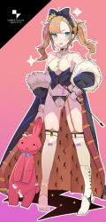 Rule 34 | 1girl, armpits, asymmetrical bangs, bare shoulders, black bow, black coat, black vest, blue eyes, blush, bow, breasts, coat, commentary request, damaged, fur-trimmed sleeves, fur trim, hair bow, highres, holding, holding stuffed toy, light brown hair, long hair, looking at viewer, medium breasts, open mouth, original, over-kneehighs, puffy short sleeves, puffy sleeves, purple bow, riding crop, shirt, short sleeves, sidelocks, sleeveless, sleeveless shirt, solo, standing, stirrup legwear, stuffed animal, stuffed rabbit, stuffed toy, tajima ryuushi, thighhighs, toeless legwear, twintails, vest, white shirt, white thighhighs