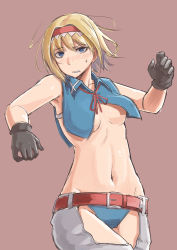 Rule 34 | 1girl, adapted costume, alice margatroid, alternate costume, armpits, baketsuya, bare arms, bare shoulders, belt, belt buckle, black gloves, blonde hair, blue eyes, blue panties, blush, breasts, brown background, buckle, clenched teeth, collarbone, cowboy shot, crotchless, crotchless pants, embarrassed, floating hair, gloves, groin, hairband, hands up, highres, lolita hairband, looking at viewer, midriff, navel, no bra, nose blush, panties, pants, parted lips, short hair, simple background, small breasts, solo, standing, stomach, sweatdrop, teeth, touhou, underboob, underwear, upper body, vest, wing collar