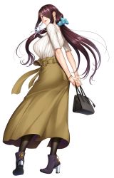 Rule 34 | 1girl, absurdres, action taimanin, alternate costume, ass, bag, black pantyhose, boots, bracelet, breasts, brown hair, cleavage, dress, fuuma saika, hair over one eye, handbag, high heel boots, high heels, highres, huge breasts, jewelry, lilith-soft, necklace, own hands together, pantyhose, red eyes, smile, solo, tagme, taimanin (series), taimanin asagi, taimanin rpgx, zol