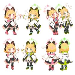 Rule 34 | 2girls, animal ear headphones, animal ears, black footwear, black shorts, black skirt, black thighhighs, blonde hair, blue archive, blue necktie, boots, bow, closed mouth, collared shirt, fake animal ears, green bow, green eyes, green halo, hair bow, halo, headphones, highres, jacket, long sleeves, midori (blue archive), momoi (blue archive), multiple girls, multiple views, necktie, ochamaru, open mouth, parted lips, pink footwear, pink halo, pleated skirt, red bow, red eyes, revision, shirt, short hair, shorts, siblings, simple background, sisters, skirt, smile, thighhighs, twins, white background, white jacket, white shirt