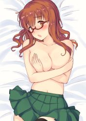 Rule 34 | 10s, 1girl, bed sheet, black thighhighs, blunt bangs, blush, breasts, commentary request, covering breasts, covering privates, embarrassed, from above, frown, girls und panzer, glasses, green skirt, head tilt, large breasts, long hair, looking at viewer, lying, miniskirt, navel, on back, on bed, ooarai school uniform, open mouth, orange eyes, orange hair, pleated skirt, red-framed eyewear, school uniform, semi-rimless eyewear, skirt, solo, takebe saori, thighhighs, topless, under-rim eyewear, uro (urotanc)