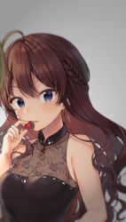 Rule 34 | 1girl, ahoge, bare arms, bare shoulders, black dress, blush, braid, breasts, brooch, brown dress, brown hair, cleavage, commentary request, dress, earrings, female focus, fingernails, french braid, grey background, hair between eyes, halter dress, halterneck, hand up, holding, ichinose shiki, idolmaster, idolmaster cinderella girls, jewelry, long hair, looking at viewer, medium breasts, midorikawa you, neck, open mouth, purple eyes, see-through, see-through cleavage, simple background, sleeveless, sleeveless dress, smile, solo, upper body, v-shaped eyebrows, very long hair, wavy hair